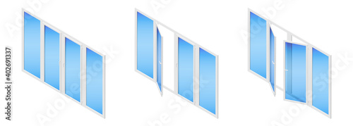 Set of isometric vector illustrations metal plastic PVC balcony doors or windows isolated on white background. Set of opened and closed glass balcony doors icons in flat cartoon style. Energy Saving.