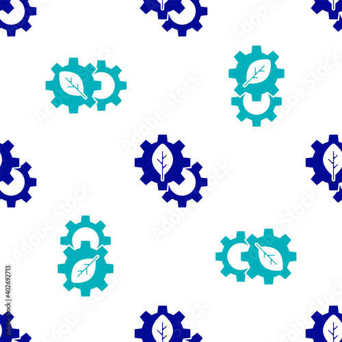 Blue Leaf plant ecology in gear machine icon isolated seamless pattern on white background. Eco friendly technology. World Environment day label. Vector.