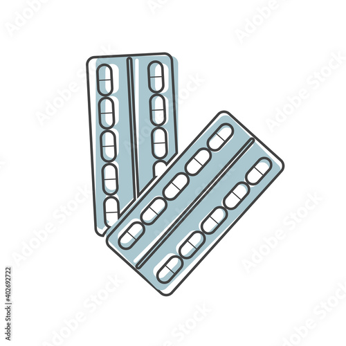 Vector pills on blister on cartoon style on white isolated background.