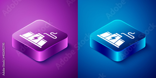 Isometric Power station plant and factory icon isolated on blue and purple background. Energy industrial concept. Square button. Vector.