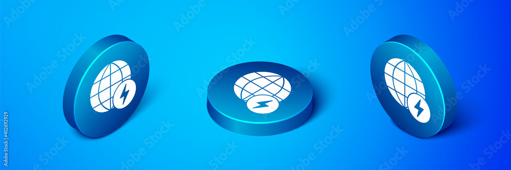 Isometric Global energy power planet with flash thunderbolt icon isolated on blue background. Ecology concept and environmental. Blue circle button. Vector.