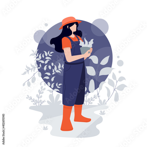 Girl carrying plant. Gardening theme illustration.