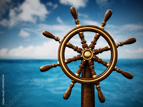 Ship wheel against blue sea and sky. 3D illustration