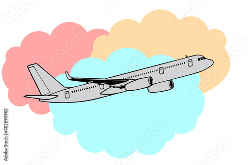 Jetliner hand drawn realistic doodle sketch tracing vector llustration. Airline Concept Travel Passenger plane. Jet commercial airplane against the background of colorful clouds at sunset.