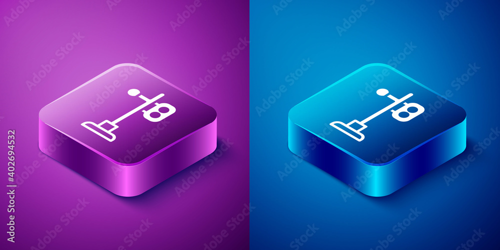 Isometric Train traffic light icon isolated on blue and purple background. Traffic lights for the railway to regulate the movement of trains. Square button. Vector. Isometric Train traffic light icon isolated on blue and purple background. Traffic lights for the railway to regulate the movement of trains. Square button. Vector.