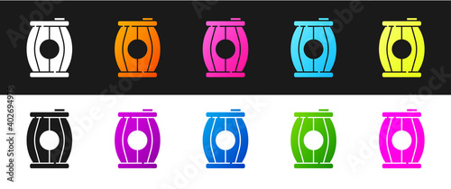 Set Gun powder barrel icon isolated on black and white background. TNT dynamite wooden old barrel. Vector.