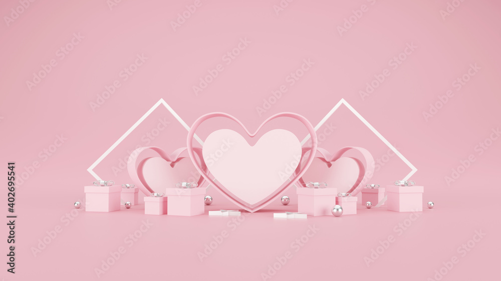 happy valentine's day banner. heart, gift and box on pink background. space for text. 3D illustration happy valentine's day banner. heart, gift and box on pink background. space for text. 3D illustration