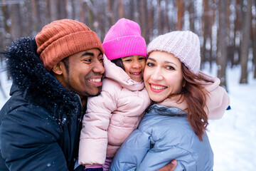 happiness excited people in warm clothing in winter outdoors