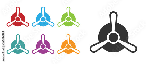 Black Plane propeller icon isolated on white background. Vintage aircraft propeller. Set icons colorful. Vector.