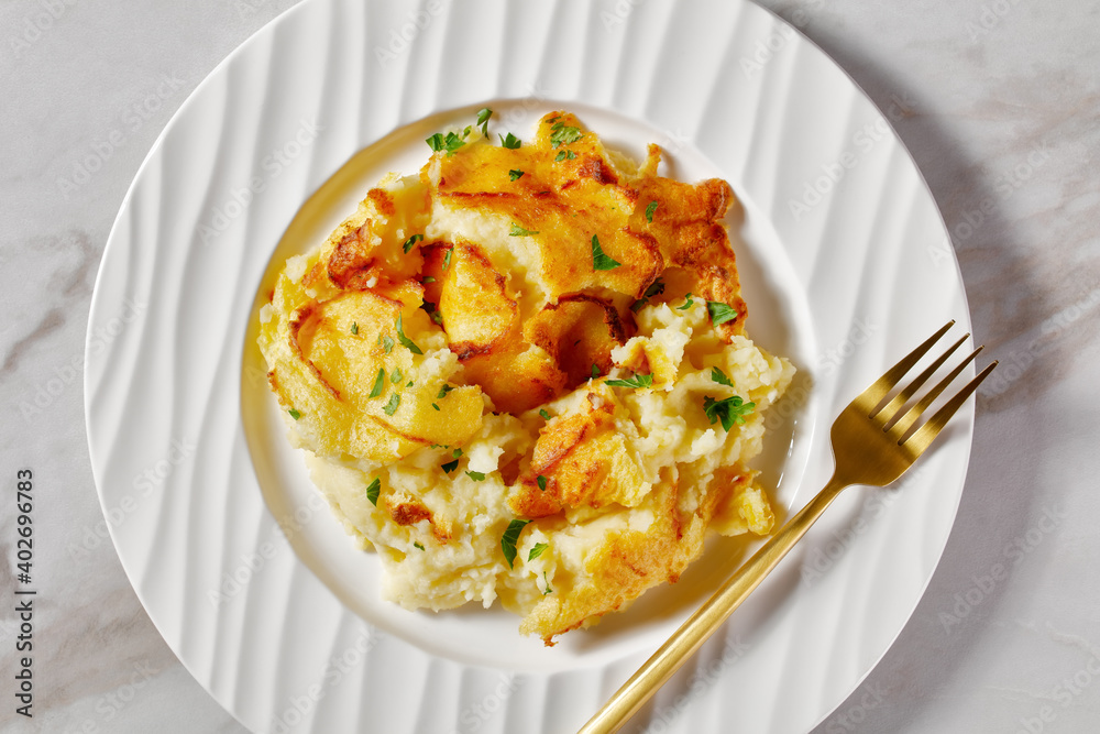 Garlic Parmesan Mashed Potato Casserole, top view Garlic Parmesan Mashed Potato Casserole, top view