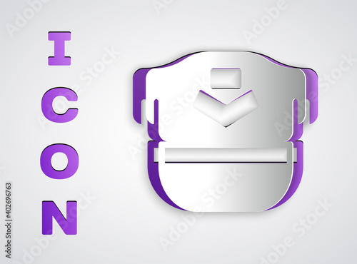 Paper cut Pilot hat icon isolated on grey background. Paper art style. Vector.