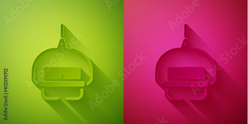 Paper cut Ski lift icon isolated on green and pink background. Paper art style. Vector.
