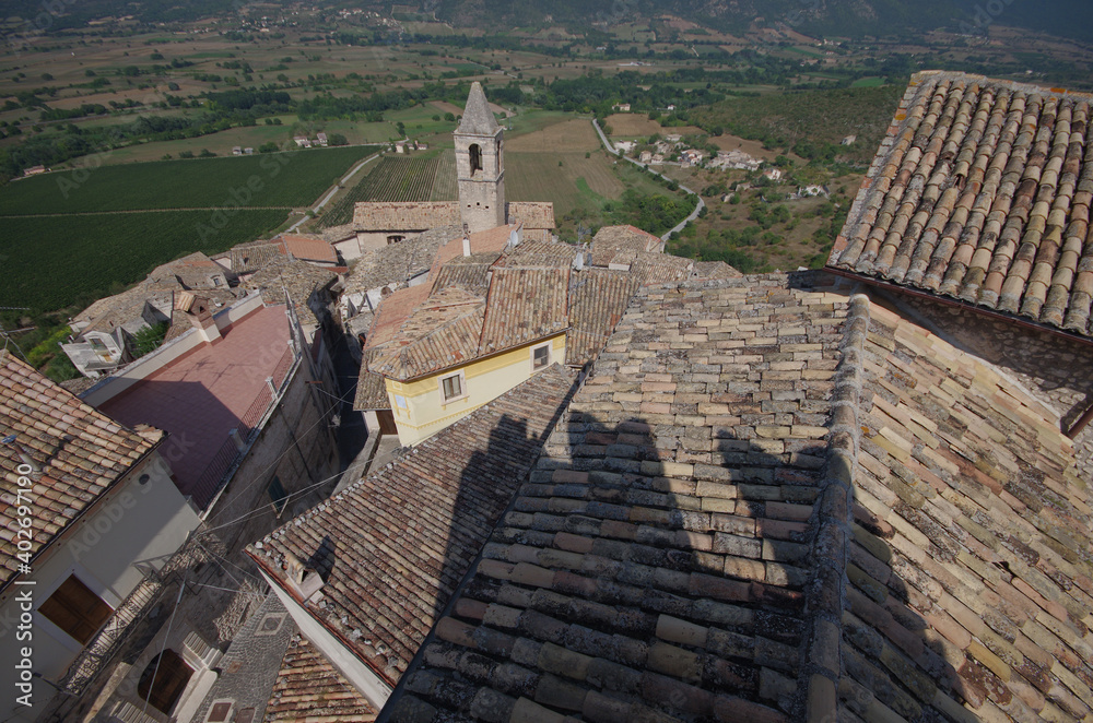 The roofs of the small village and the surrounding valley seen from the top of the Piccolomini Castle in Capestrano