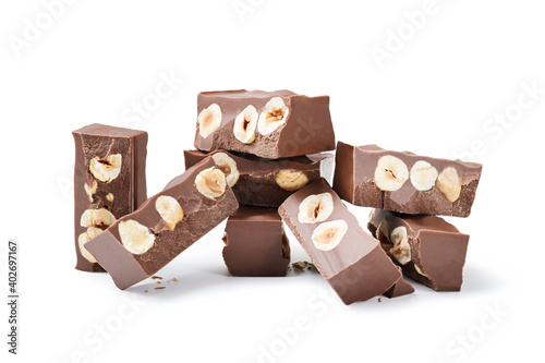 Gianduia nougat with chocolate and hazelnuts isolated on white background. photo