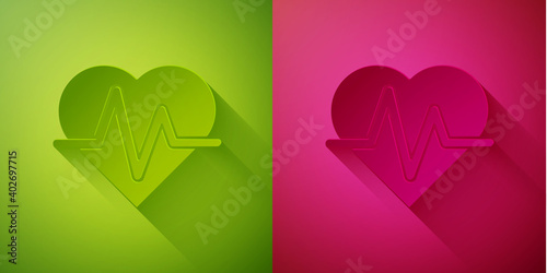 Paper cut Heart rate icon isolated on green and pink background. Heartbeat sign. Heart pulse icon. Cardiogram icon. Paper art style. Vector.