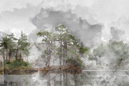 Digital watercolor painting of Beautiful mody Autumn Fall landscape of woodland and lake with mist fog during early morning © veneratio