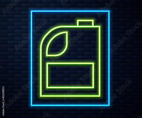 Glowing neon line Canister for motor machine oil icon isolated on brick wall background. Oil gallon. Oil change service and repair. Engine oil sign. Vector Illustration.