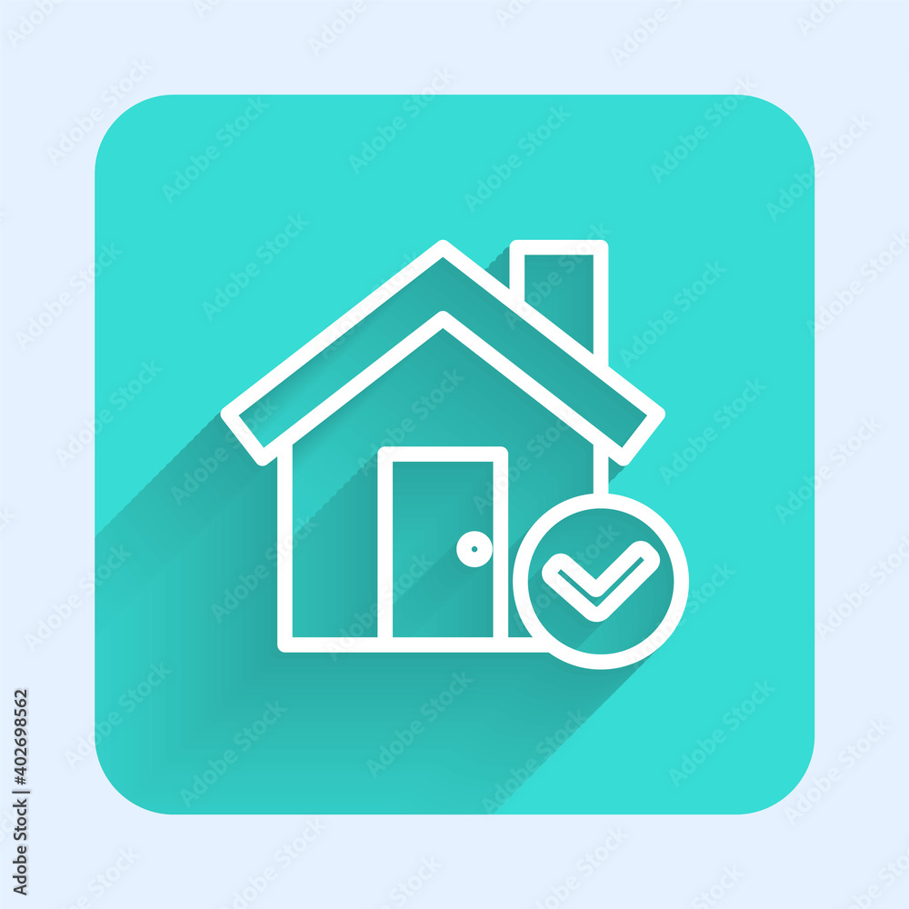 White line House with check mark icon isolated with long shadow. Real estate agency or cottage town elite class. Green square button. Vector Illustration. White line House with check mark icon isolated with long shadow. Real estate agency or cottage town elite class. Green square button. Vector Illustration.