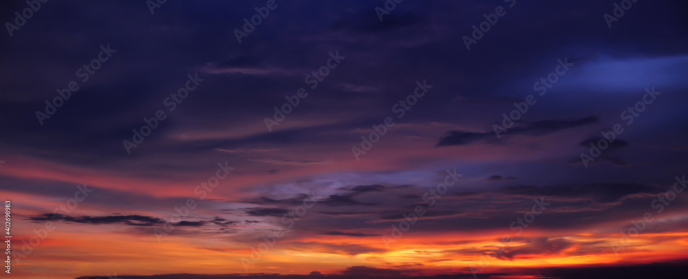 Dramatic tropical sunset sky panorama.