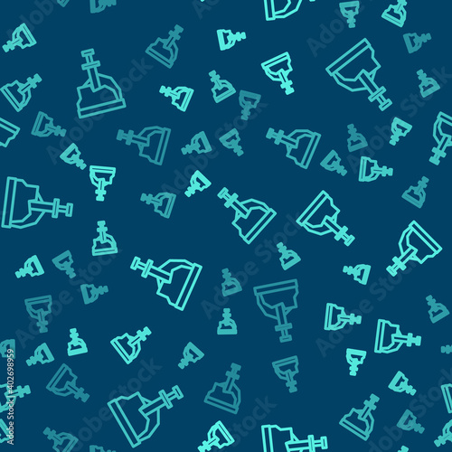 Green line Sword in the stone icon isolated seamless pattern on blue background. Excalibur the sword in the stone from the Arthurian legends. Vector.