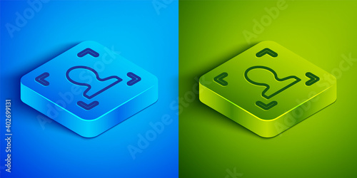 Fototapeta Naklejka Na Ścianę i Meble -  Isometric line Face recognition icon isolated on blue and green background. Face identification scanner icon. Facial id. Cyber security concept. Square button. Vector.