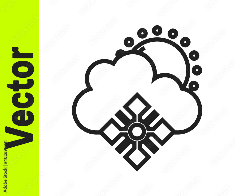 Black line Cloud with snow and sun icon isolated on white background. Cloud with snowflakes. Single weather icon. Snowing sign. Vector. Black line Cloud with snow and sun icon isolated on white background. Cloud with snowflakes. Single weather icon. Snowing sign. Vector.