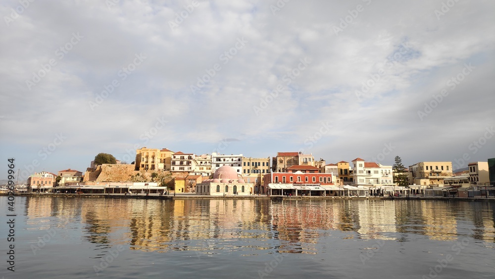 Chania old harbor, the ottoman mosque is seen