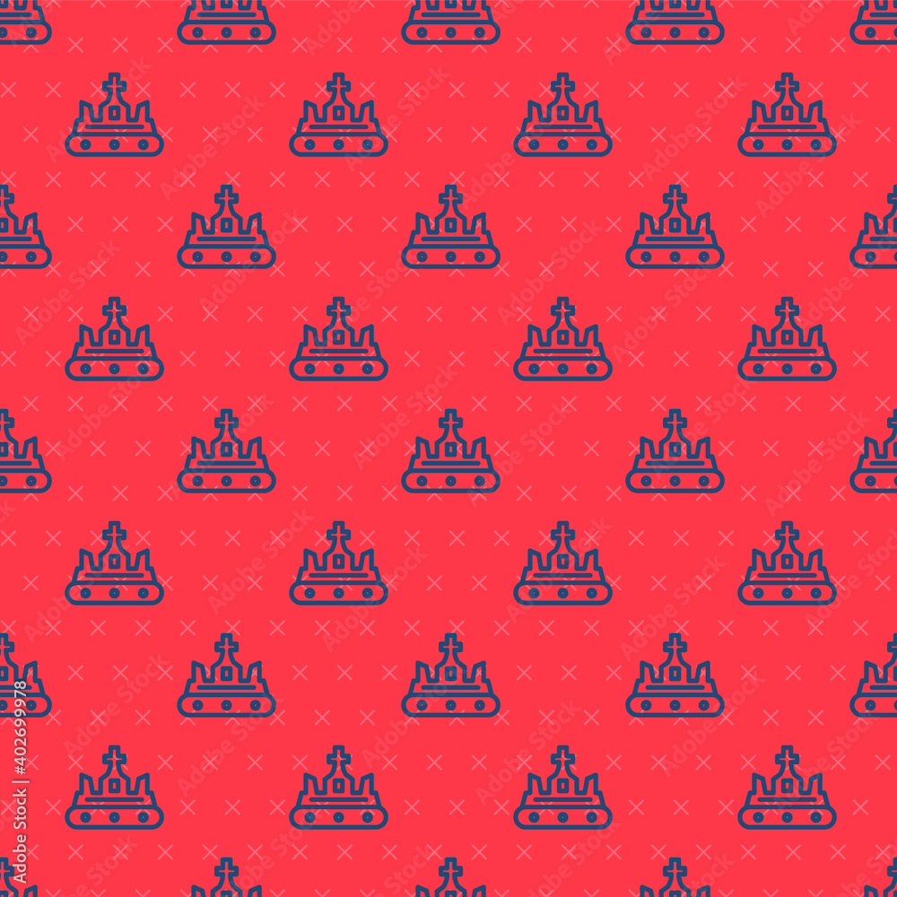 Blue line British crown icon isolated seamless pattern on red background. Vector.