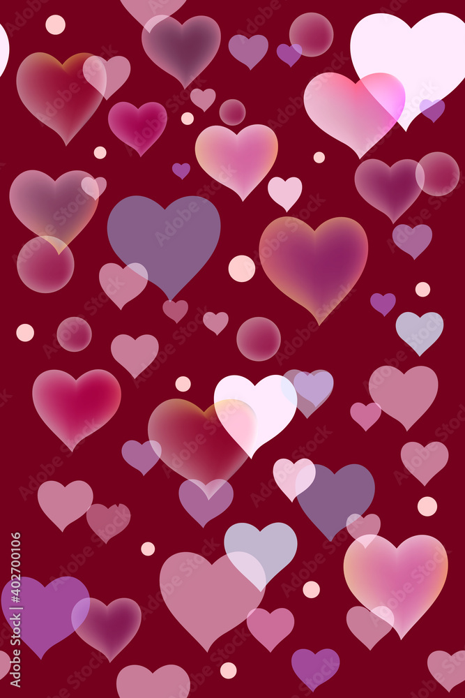 Heart and balloons seamless festive pattern. Valentine's Day bright burgundy blue pink background for printing onto paper, wallpaper, cover, web