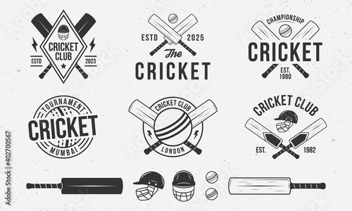 Cricket emblems, logos, badges templates. Set of 6 Cricket logos and 6 design elements. Cricket bat, ball and helmet isolated on white background. Cricket team vector emblems