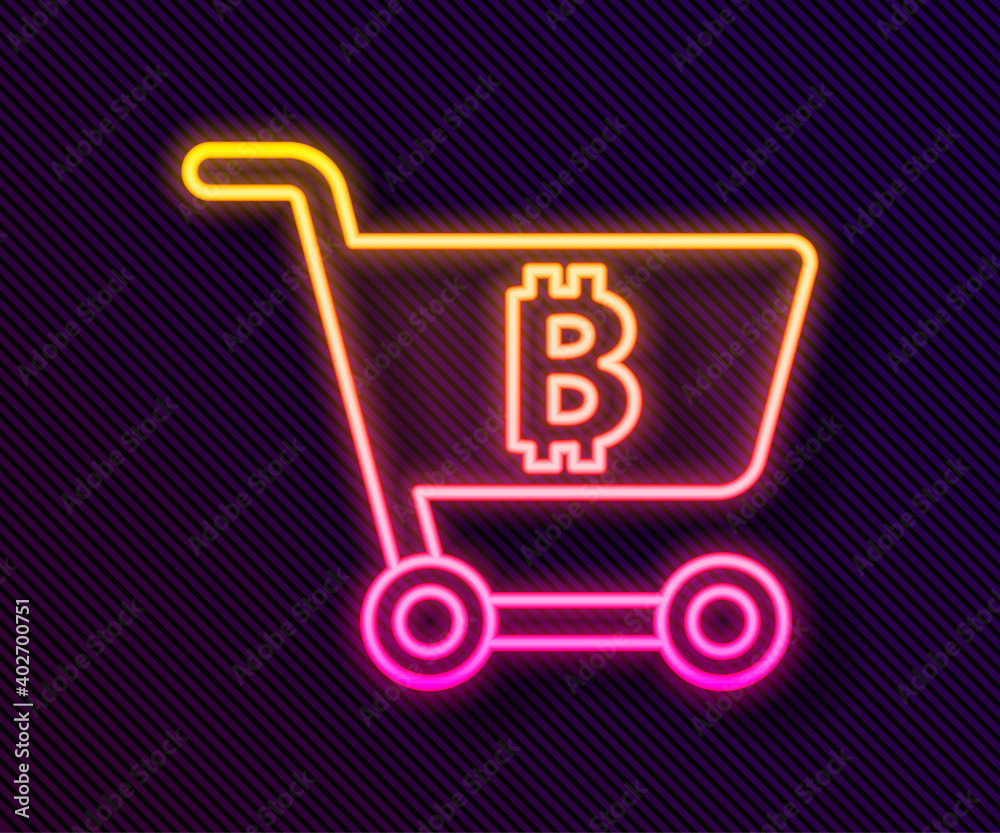 Glowing neon line Shopping cart with bitcoin icon isolated on black background. Online payment. Cash withdrawal. Modern method of payment. Vector. Glowing neon line Shopping cart with bitcoin icon isolated on black background. Online payment. Cash withdrawal. Modern method of payment. Vector.