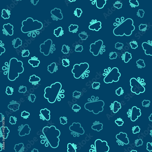 Green line Cryptocurrency cloud mining icon isolated seamless pattern on blue background. Blockchain technology, bitcoin, digital money market, cryptocoin wallet. Vector.