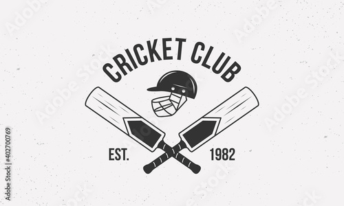Cricket club logo, poster. Trendy cricket logo with cricket bats, helmet. Vector emblem template.