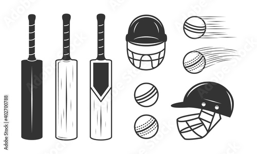 Fototapeta Naklejka Na Ścianę i Meble -  Cricket set isolated on white background. Cricket bat, ball and helmet. Cricket design elements for logo, label, badge, poster. Vector illustration