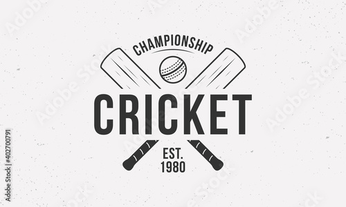 Cricket championship logo, poster for sport event. Trendy cricket logo template with crossed cricket bats and ball. Vector illustration