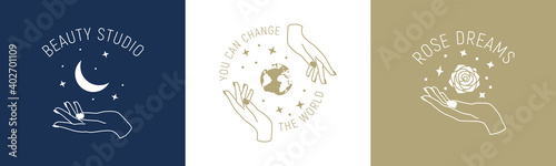 Trendy linear logo templates. Beauty studio, makeup, fashion and cosmetics emblems. Woman hand gestures with stars, moon, earth and rose. Feminine and delicate emblems, labels. Vector illustration