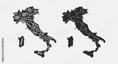 Set of Italy maps. Poster map of Italy with regions names. Blank Italy map. Map of Italy. Vector illustration