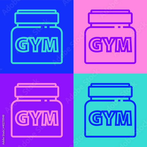 Pop art line Sports nutrition bodybuilding proteine power drink and food icon isolated on color background. Vector.