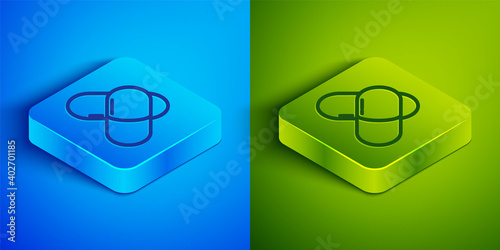Isometric line Sports nutrition bodybuilding proteine power drink and food icon isolated on blue and green background. Square button. Vector.