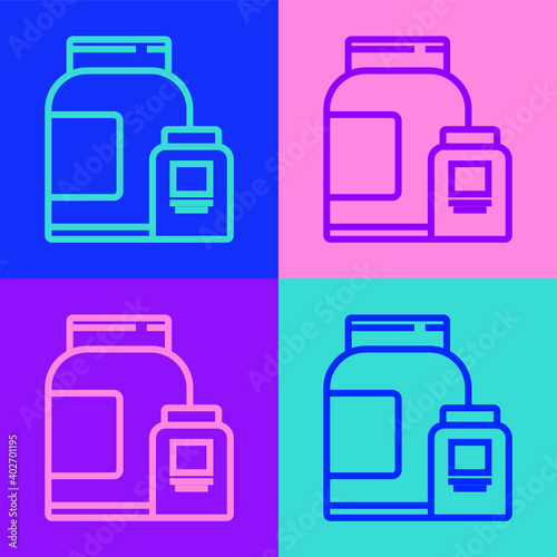 Pop art line Sports nutrition bodybuilding proteine power drink and food icon isolated on color background. Vector.