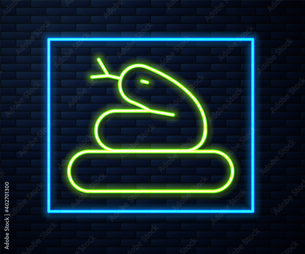 Glowing neon line Snake icon isolated on brick wall background. Vector. Glowing neon line Snake icon isolated on brick wall background. Vector.