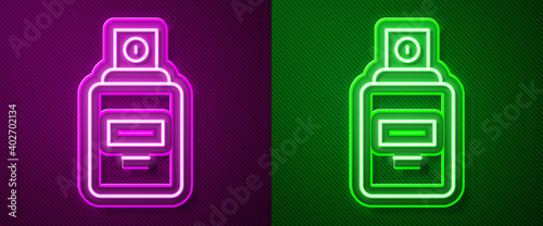 Glowing neon line Perfume icon isolated on purple and green background. Vector.