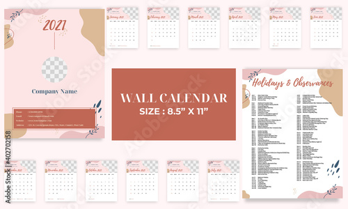 Minimalist wall calendar 2021 year, week starts on sunday, abstract, day, week, month with holidays, observances, date, template ai and eps10