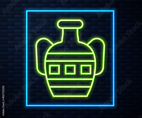 Glowing neon line Ancient amphorae icon isolated on brick wall background. Vector.