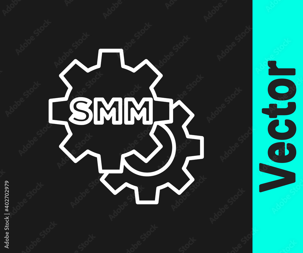 White line SMM icon isolated on black background. Social media marketing, analysis, advertising strategy development. Vector.