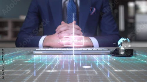 Businessman Writing on Hologram Desk Tech Word- ARBITRAGE