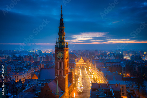 Aerial view of the Gdansk city with old town hall at sunrise, Poland