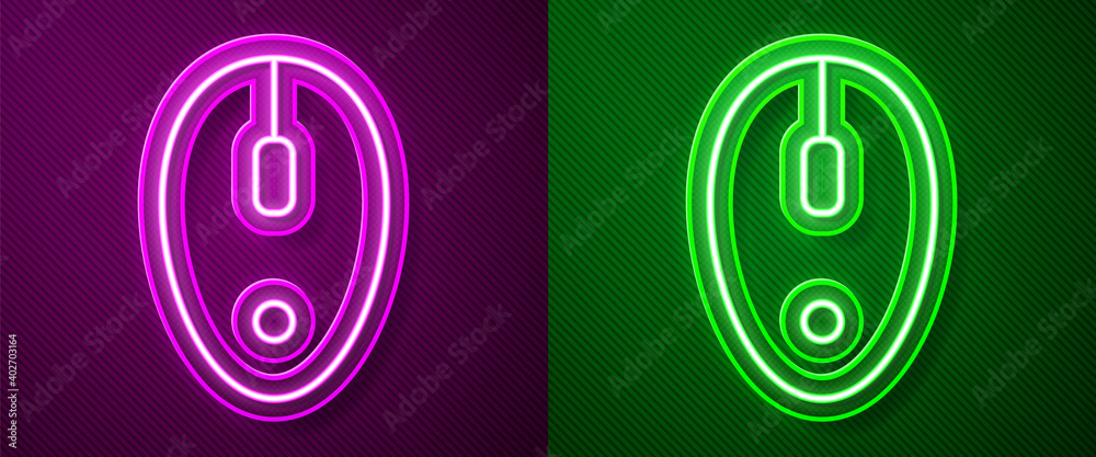 Glowing neon line Computer mouse icon isolated on purple and green background. Optical with wheel symbol. Vector. Glowing neon line Computer mouse icon isolated on purple and green background. Optical with wheel symbol. Vector.