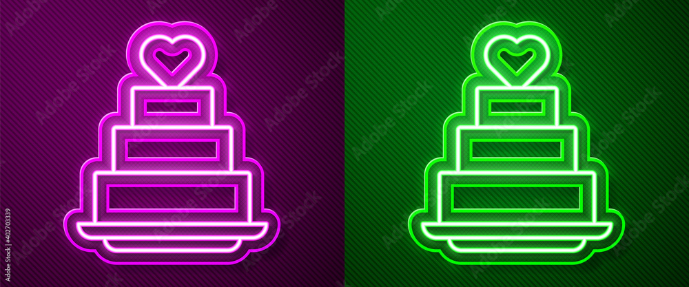 Glowing neon line Wedding cake with heart icon isolated on purple and green background. Vector.