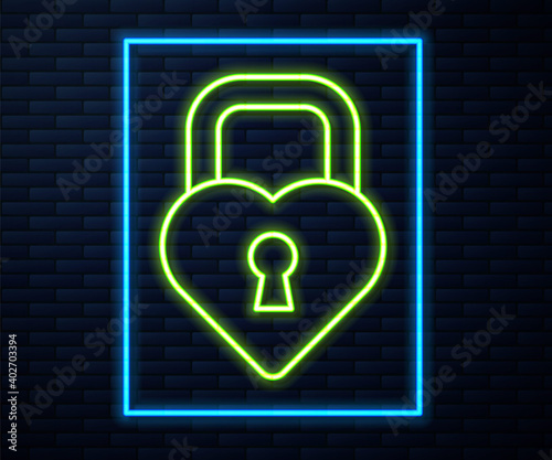 Glowing neon line Castle in the shape of a heart icon isolated on brick wall background. Locked Heart. Love symbol and keyhole sign. Vector.